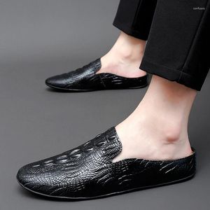 Casual Shoes Fashion Crocodile Pattern Men Half Loafers Leather Slippers Comfort Loafer Slides Breattable Mules Man Outdoor Lightweight