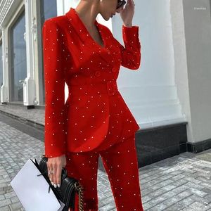 Kvinnors tvåbitar byxor Elegant Office Lady Dot Print långärmad lapel -knappjacka Päls kostym Y2K ins kläder Autumn Winter Women Set