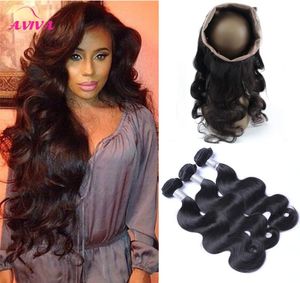 360 Full spets frontal stängning med 3 buntar Brasilianska jungfruliga människa hår väver Body Wave Peruvian Indian Malaysian Cambodian Wavy8949872