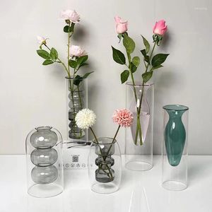 花瓶モダン二重層ガラスハイドロポニクスフラワー花瓶の容器透明なフェーシュアレンジ