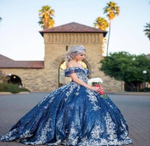 Blask Niebieskie cekiny Quinceanera Balls 2021 Off ramię plus koronki w rozmiarze wieczornym imprezą Sweet 16 Dress9133641