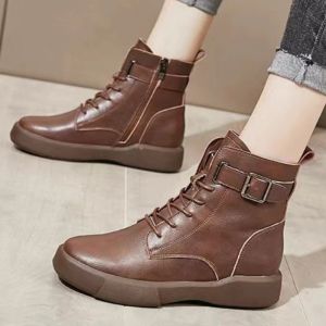 Botas de renda feminina em botas curtas de estilo britânico Cabeça redonda de sapatos de fundo grossa Belê lateral de couro com zíper de couro botas para mujeres