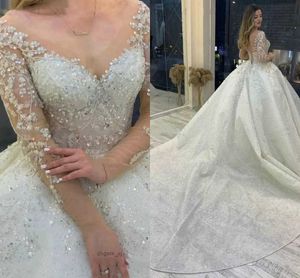 Abito da sposa in cristallo scintillante con scollo a V maniche lunghe 2023 Vestido De Noiva Lace Up Pageant Perline Abiti da sposa Custom Made Robe De Mariee