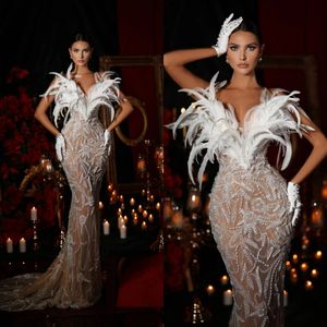 Charming Feather Mermaid Wedding Dresses Pearls Beaded Bridal Gowns Strapless Appliques Slim Custom Made Sleeveless Vestidos De Novia
