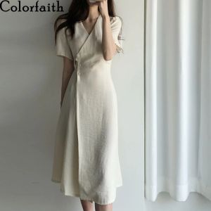 Remover Colorfaith New 2021 Women Summer Dresses Vneck Lace Up High Weist Vintage Elegant Corean Style Pure Long Long Dresses Dr3135a