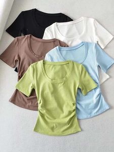 Damen-T-Shirts, 2024, Sommer, lässig, sexy, seitlich gerafft, kurzärmelig, solide Strick-Crop-Tops