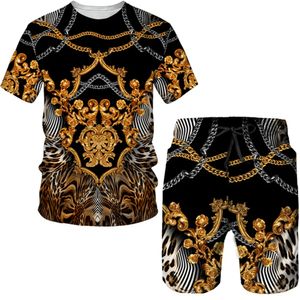 Summer 3D Tryckt tshirt Shorts 2 -stycken Casual Luxury Retro Gold Mönster Mens Sports Fashionable 2023 Street Wear 240315