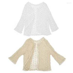 Women's Vests Women Flare Long Sleeve Shrug Cardigan Hollow Out Crochet Knitted Open Front Sheer Lace Cover Up Sweater Loose Outwear