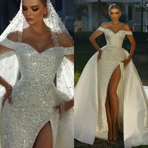 Glitter Wedding Dresses Pearls Beaded Mermaid Bridal Gowns with Overskirts Side Split Off Shoulder Slim Custom Made Vestidos De Novia
