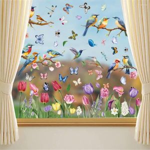窓ステッカー屋内装飾春のテーマガラスの装飾花とカラフルなセット鳥の蝶
