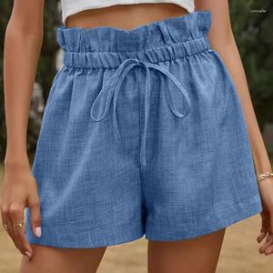 Kvinnors shorts 2024 Summer Cotton Linen Women Wide Ben High midje Casual Drawstring Pants For Loose Ruffled Lady Clothes 30773