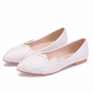 Flats Comemore 2023 Summer Ballet Flats White Lace Bride Wedding Shoes Flat Low Heel Casual Without Heels Women Dress Pumps Sweet 34