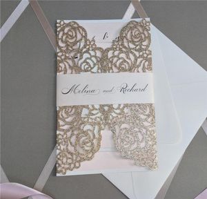 دعوة لقطات Laser Cut for Wedding Glitter Rose Gold Wedding مع Belly Band Printing2780259