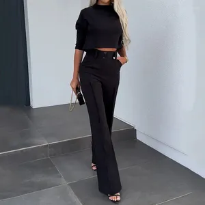 Women's Two Piece Pants Spring And Autumn Set Sexy Temperament Short Top Waist Tight Single Color Casual