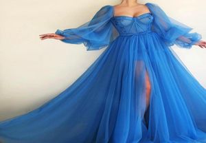 Romantic Blue Muslim Evening Dresses Aline Sweetheart Long Sleeves Tulle Islamic Dubai Saudi Arabic Gown Prom1350483