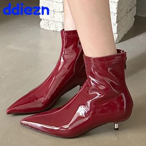Boots Fashion Round Low Heels Footwear Women Ankle Modern Boots Pointed Toe Ladies Short Stretch Boots Zippers Female Red Shoes
