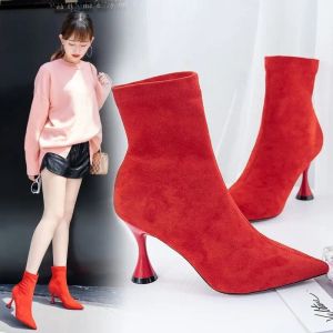 Boots Fashion Women Ankle Boots Pointed Toe High Heel Stiletto Soft Suede Slipon Boot Purple Black Red Cozy Botas Flock Booties Warm