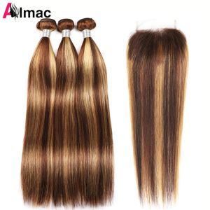 Closure Highlighted Straight Human Hair Bundles With 4x4 HD Lace Closure PrePlucked P4/27 Color Peruvian Remy Hair Extention 220g/Set