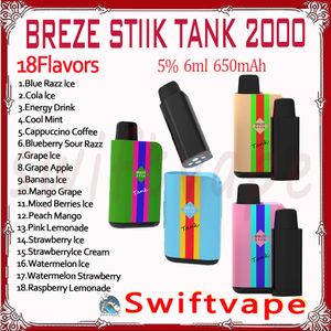 Оригинальная одноразовая электронная сигарета Breze Stiik Tank 2000 Puff, 6 мл, 2% 5%, аккумулятор 650 мАч, 18 вкусов, 2 тыс. затяжек, ручка для вейпов