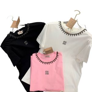 女性用キャンディーカラーOネック半袖コットン生地ビーズラインストーンレターシニーブリングTシャツSML