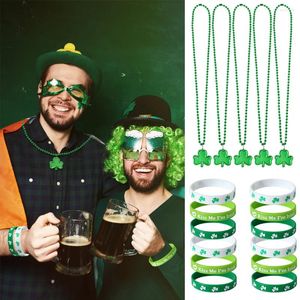 Party Decoration St. Patrick's Day Green Shamrock Beaded Necklace Rubber Admand Set Irish Clover Carnival Favors Kids Adults Accessories