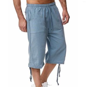 Мужские брюки, летние мужские однотонные свободные хлопково-льняные брюки для отдыха, пляжные шорты с завязками, мужские уличные укороченные брюки