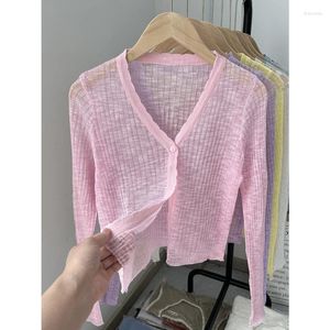 Kvinnors blusar tingyili koreansk stil söt rosa sommar cardigan kvinnor lång ärm tunna stickade skjortor topp knapp-up solskydd täcker