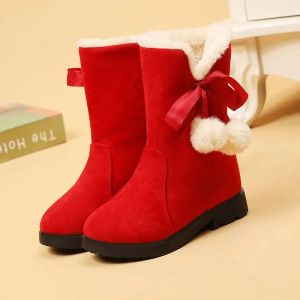 Boots Girls Winter Boots Warm Plush Christmas Red Boots Cute Furry Children Cotton Shoes Antislip Kids Students Rubber Snow Boots