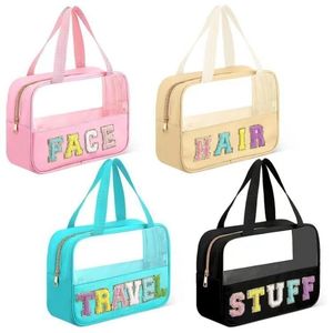 Shopping Bag Pink Cute Girls Travel Chenille Letter Clear PVC Transparent Beach Patches Stuff Tote Bag with Handles for Swim 231127