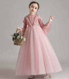 Härlig rosa tyllhalva ärmar Applique Pärlor Girls födelsedagsklänningar Flower Girl Dress Girl's Pageant Dresses Girl's Party Kirt Girl's kjol Custom SZ 2-12 D321056