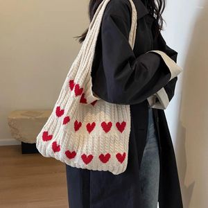 Drawstring Shopper Bags For Women Trend 2024 Cross Body Tote Embroideried Heart Knitted Women's Shoulder Bag Korean Luxury Designer