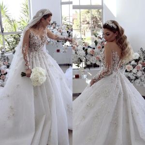 Lüks Dantel Dubai Bir Çizgi Gelinlik 3D Çiçek Çiçekleri Gelinlikler Artı Boyut Uzun Kollu Boncuklu Kristal Vestidos de Novias