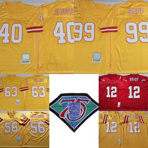 Retro-Fußball Vintage 40 Mike Alstott Trikots 75. Jahrestag 56 Hardy Nickerson 12 Tom Brady 63 Lee Roy Selmon 99 Warren Sapp Alle genähten Team-Gelb-Rot-Farbe