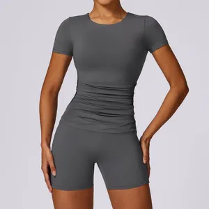 Set attivi Set da yoga senza cuciture da allenamento 2 pezzi Completi da donna a vita alta Top corto a maniche corte con pantaloncini da corsa Abbigliamento sportivo da palestra