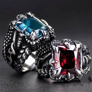 Gothic Blue and Red Crystal Evil Demon Dragon Claw 14k Białe Złote Pierścień dla mężczyzn Gram Biker Punk Rock Hip Hop Akcesoria biżuterii