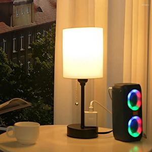 Table Lamps Pull Chain White Nightstand Desk Lamp 3 Color Temperatures - 2700K 3500K 5000K With USB C And A Ports Metal Base For Office Dorm