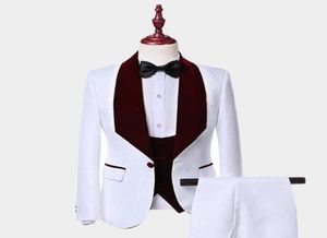 Style Diomsmen White and Burgundy Groom Tuxedos Szal Lapel Men Suits Wedding Blazers1049443