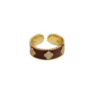 Retro Open Ring Luxury Enamel Drop Glaze Zircon Ring 4/Leaf Flower Ring European American Fashion Women Exquisite Ring Party Banquet Jewelry Valentine's Day Gift SPC