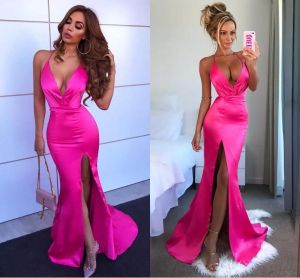 New Fuchsia Sexy Deep V Neg Long Prom Dresses 스트랩 스파게티 등이없는 인어 높은 분할 저녁 파티 저렴한 가운