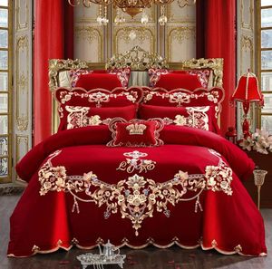 Vermelho estilo chinês casamento bordado capa de edredão conjunto folha algodão sólido princesa conjunto cama luxo romântico meninas capa 240313