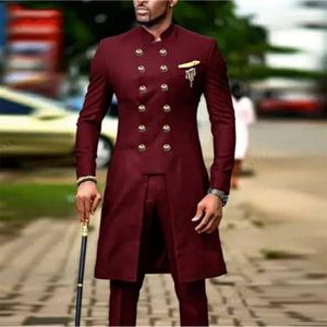 Men's Suits Burgundy Men For Wedding Stand Collar Blazer Pants 2 Pieces Gooom Wear Tuxedo Tailor-Made Male Fashion Clothing Prom Dress