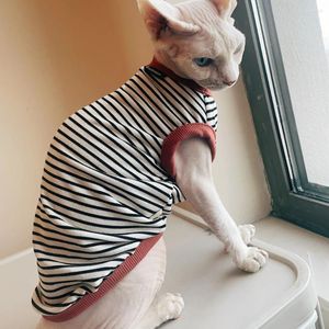 Cat Costumes Striped Cotton Shirt For Sphynx Soft Khaki Sleeveless Coat Kittens Elestic Vest Devon Rex Loungewear Cats Dogs