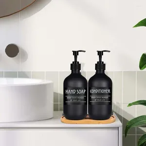 Dispensador de sabão líquido 500ml, redondo, plástico, preto fosco, frascos de loção, shampoo, condicionador com 1 bandeja, 6 etiquetas, acessórios de banheiro