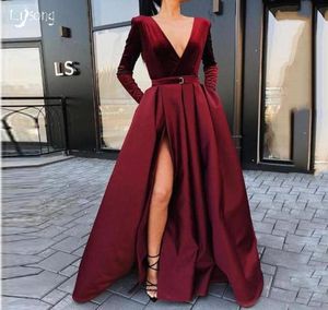 Elegant Bourgogne Leg Split High midja sammet Satin Long Sleeves Prom Dress Vestidos Winter Autumn Event Party Wear Evening Maxi Go4338901