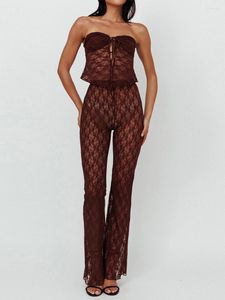 Women's Two Piece Pants Women Y2k Outfits See Through Set Tie Front Strapless Tube Lace Top Straight Leg