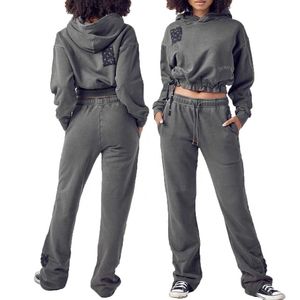 Damens bomullsspårning Wash French Terry 3D Big Multi-Pocket Crop Top Hoodie Women Sweatsuit Set Long