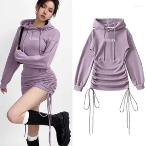 Casual Dresses Custom LOGO Women's Spring And Autumn Pure Desire Drawstring Pleated Hooded Long Sleeve Sweatshirt Dress Hip Skirt