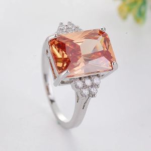 Fashion Geometry Orange Stone 14K White Gold Ring Bague Luxury Princess Cut Zircon Wedding Rings for Women Party Jewelry Gift Z5K214
