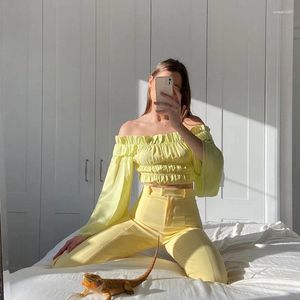 Women's T Shirts 2024 Spring And Autumn Yellow One-word Shoulder Folds Ruffled Cropped Women Tops Sexy Temperament Fashion