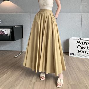 Skirts Elegant Women Pleated White Pockets Long Office Ladies Casual Loose High Waist Midi Skirt 2024 Spring Summer SK20